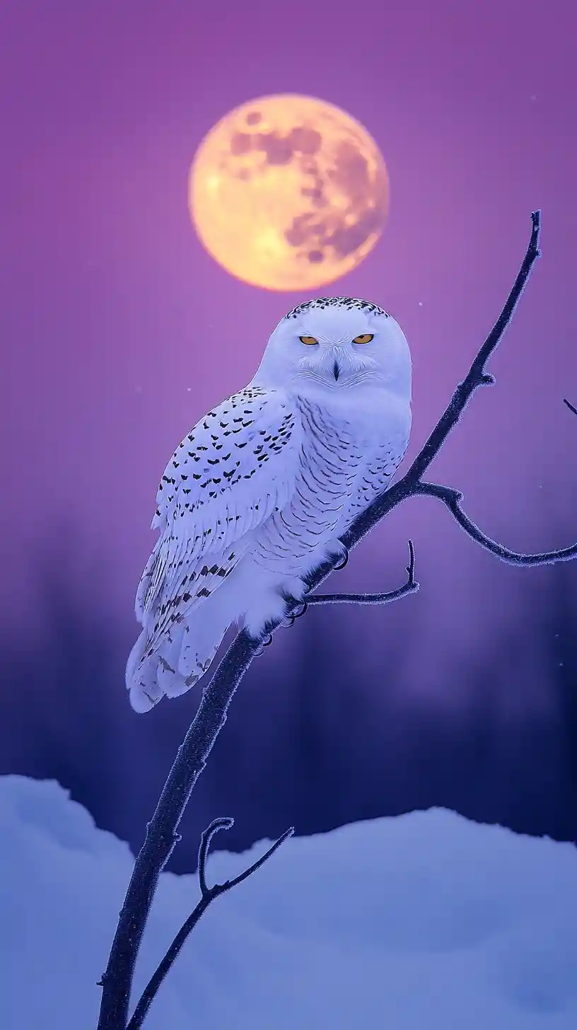 Snowy owl on bare branch under crescent moon in twilight