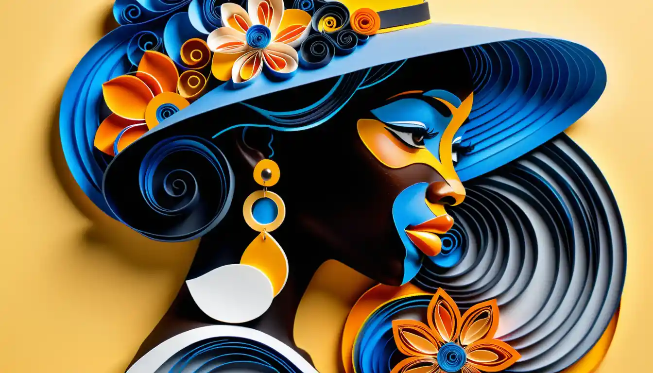 Black woman in blue hat with floral paper art profile