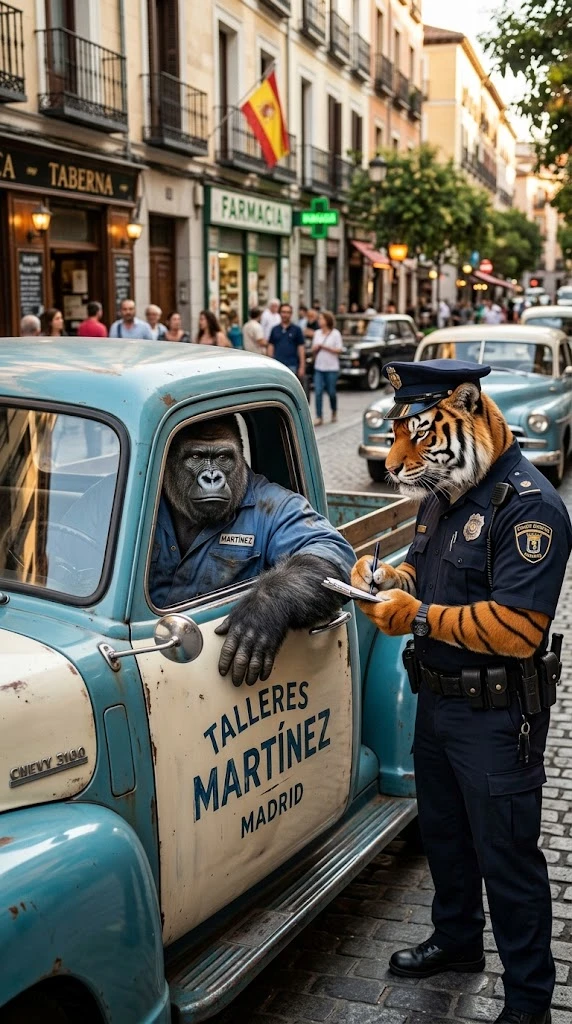 Gorilla mechanic stopped by tiger traffic cop on street