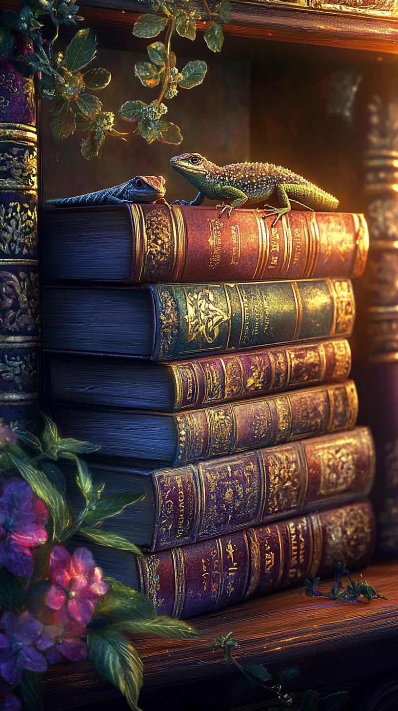Sunlit lizard resting on magical bookshelf in cozy library