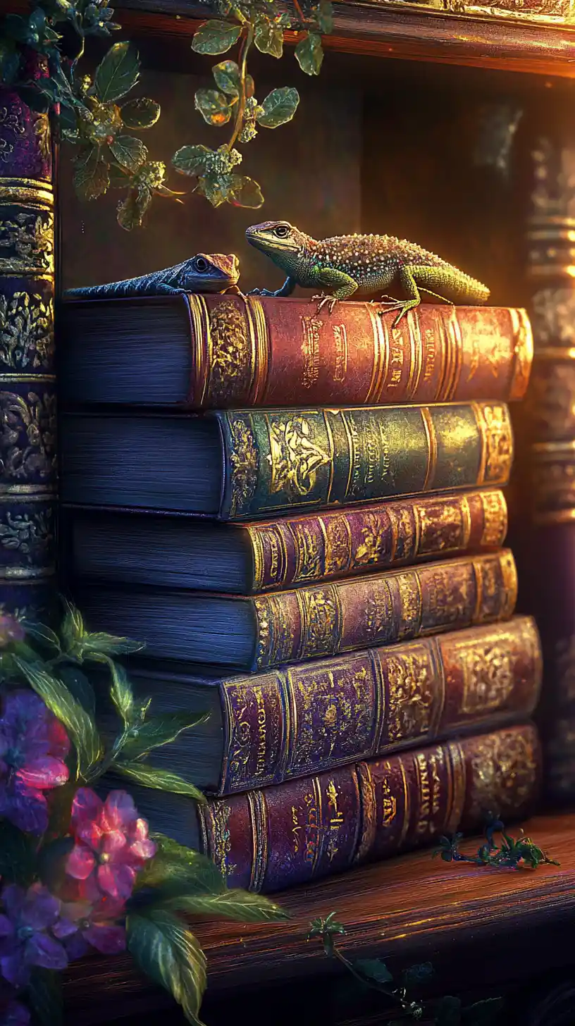 Sunlit lizard resting on magical bookshelf in cozy library