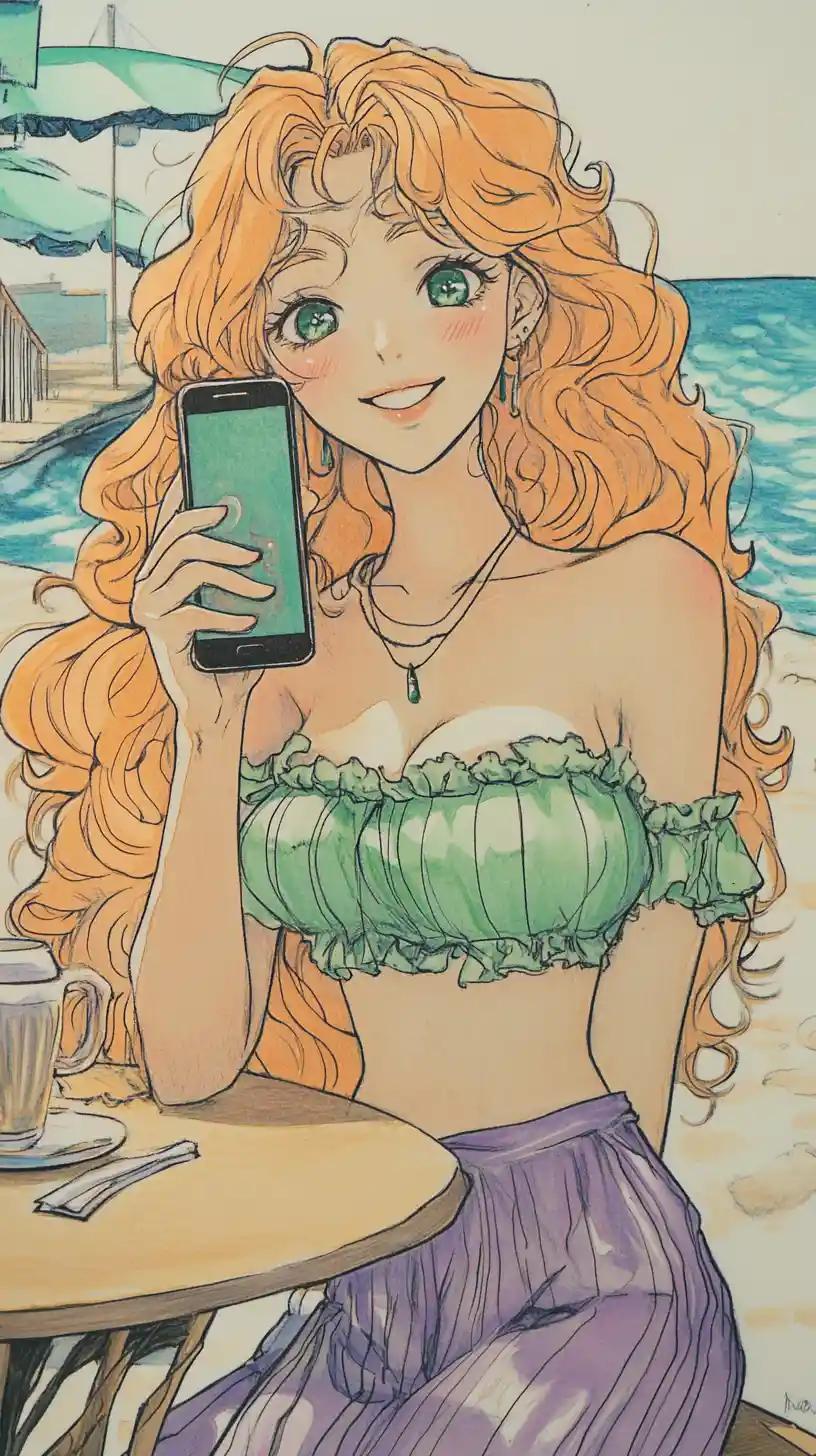 Shy smiling smartphone character in a sunny beach cafe