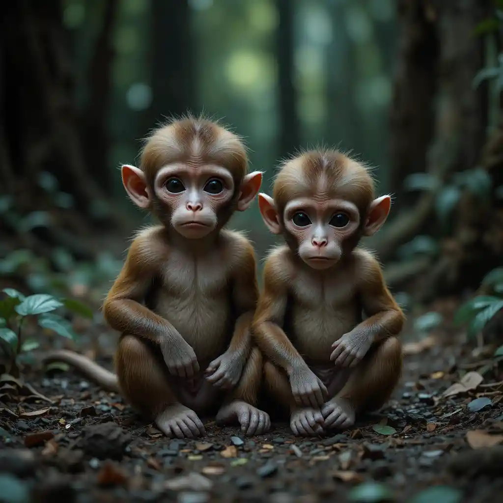 Two scared baby monkeys alone in a deep forest