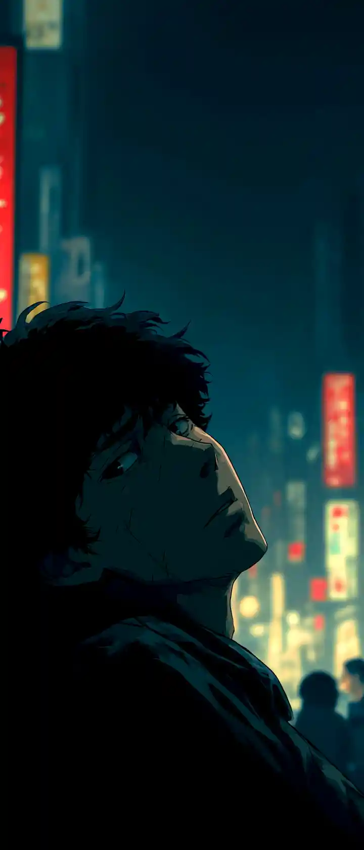 Lonely anime woman in a neon lit city crowd at night