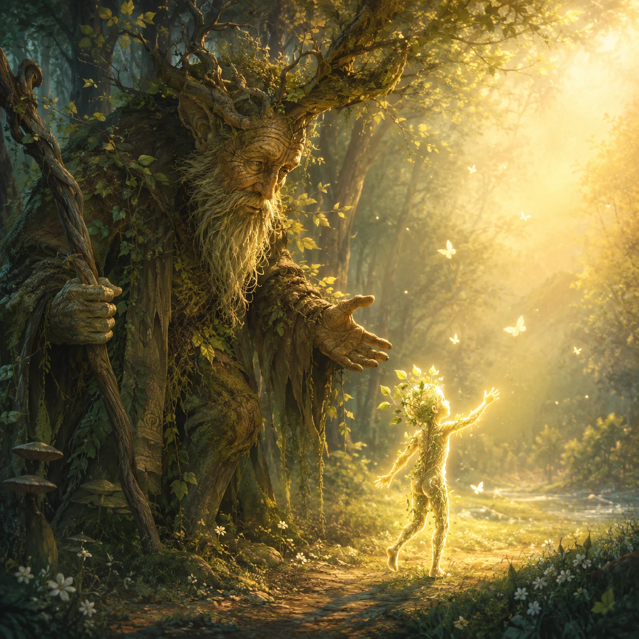 Elder treant guiding a glowing sapling toward warm light