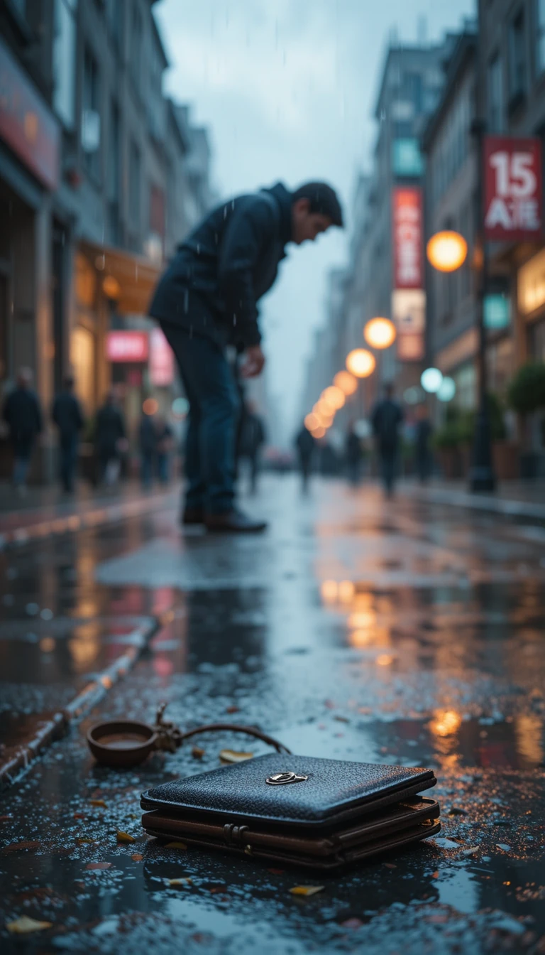 雨の街路で財布を拾う男性