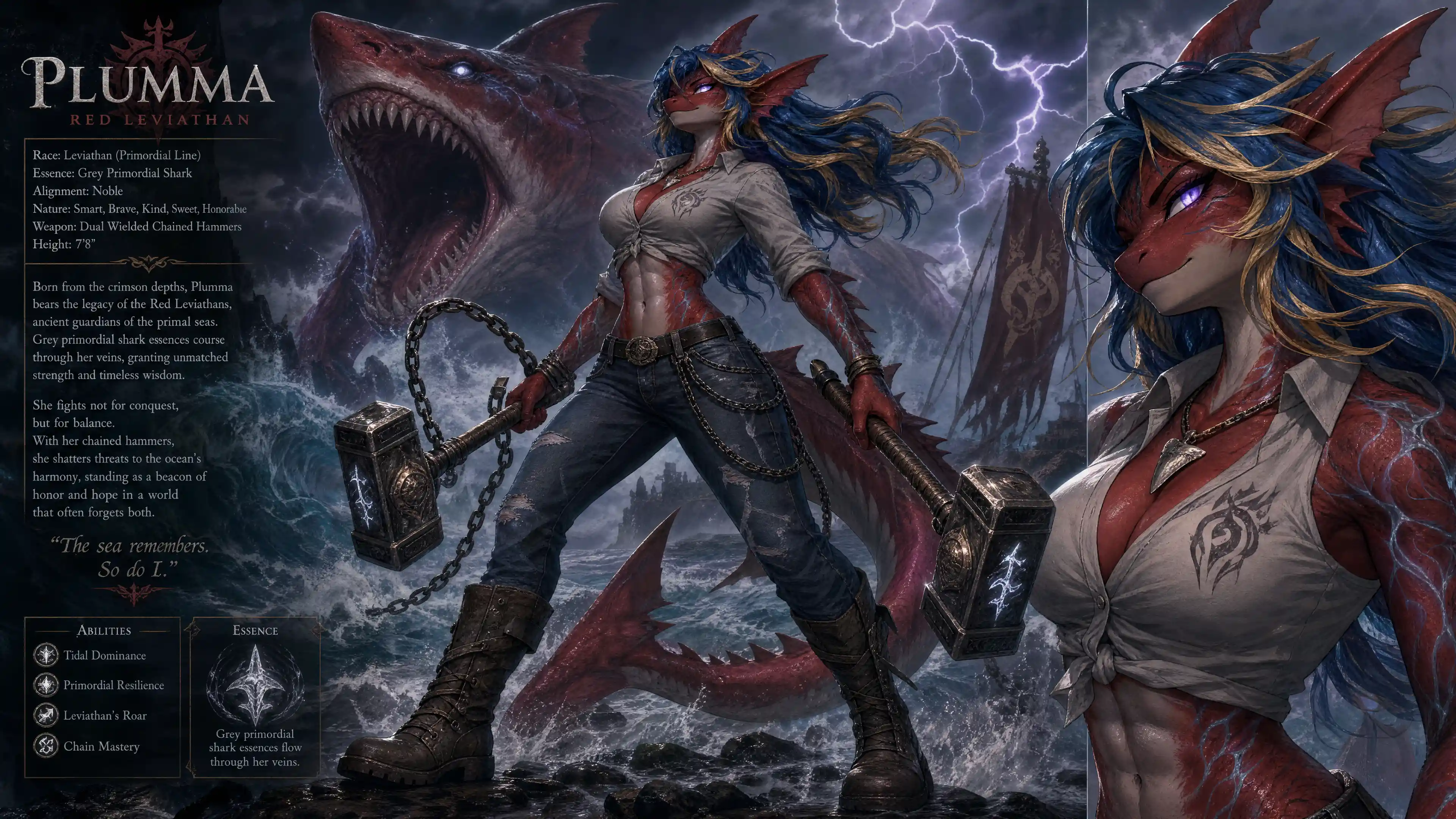 Heroic red leviathan woman with chained hammers