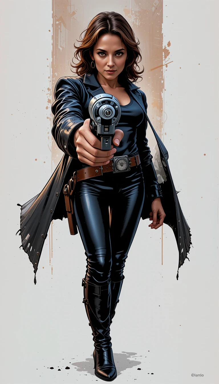 Armed middle aged woman aiming pistol in dark outfit