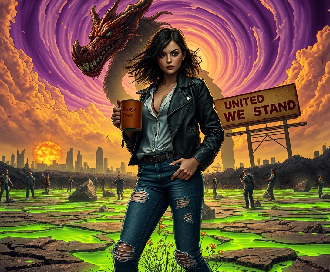 Defiant woman with coffee in a post apocalyptic wasteland