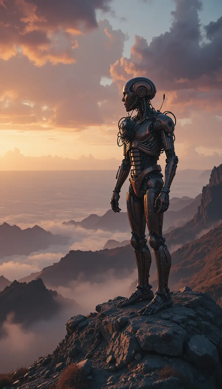 Rusty robot on a desolate peak above an alien ocean
