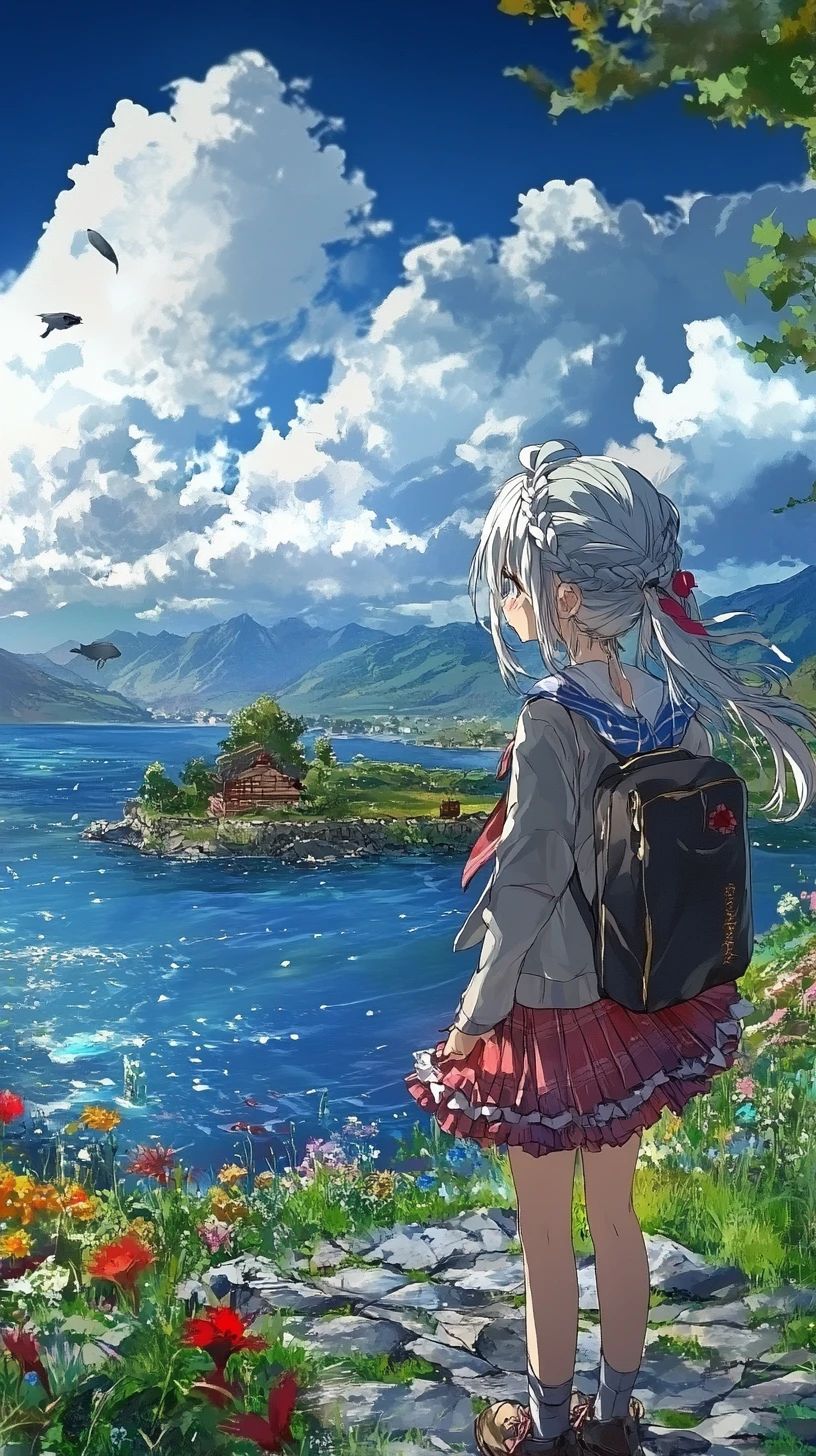 Mountain lake island with ancient red brick ruins