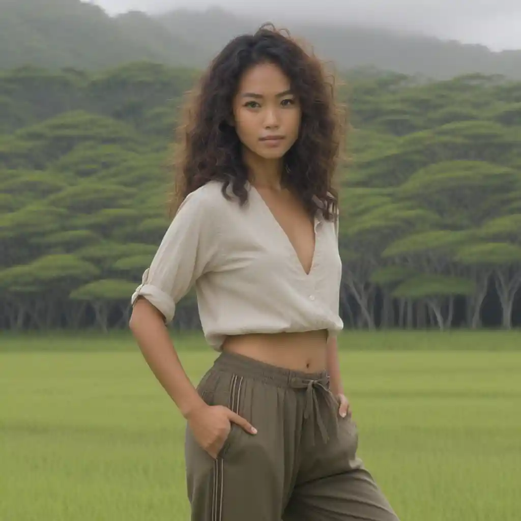 Donna di Okinawa dalla pelle abbronzata in piedi in un campo aperto nuvoloso
