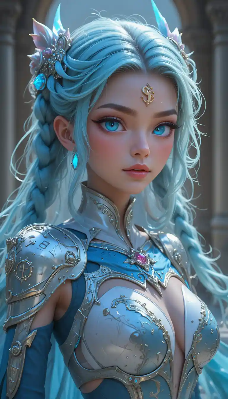 Athletic dragon horned anime girl in light rune armor