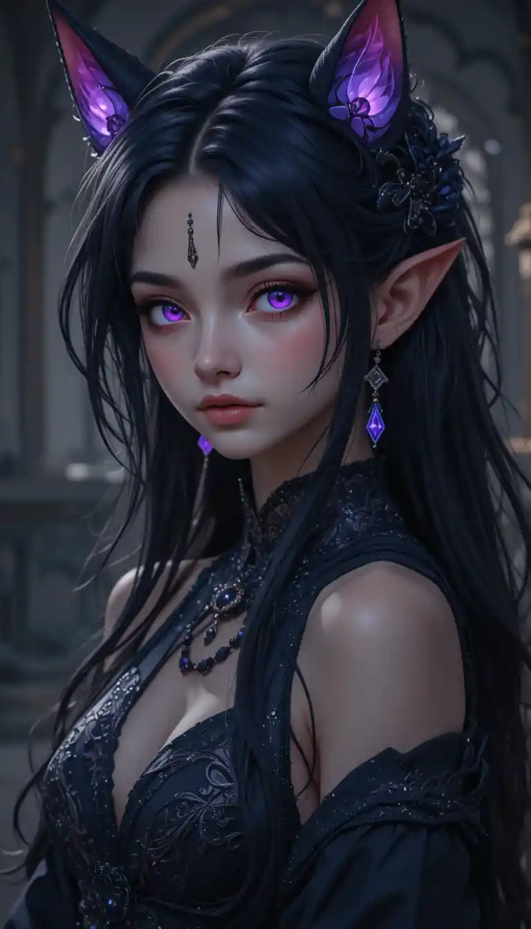 Dark anime elf girl with fox tails and fairy wings