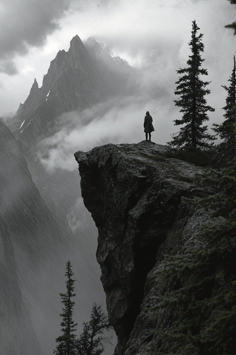 Lone figure on cliff beneath looming mountain storm clouds