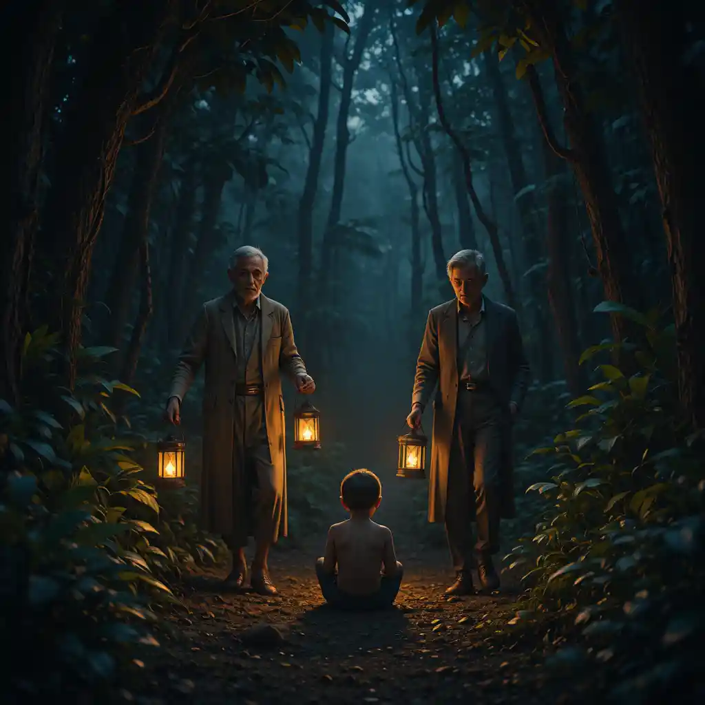 Elderly couple with lanterns finding a crying boy at night