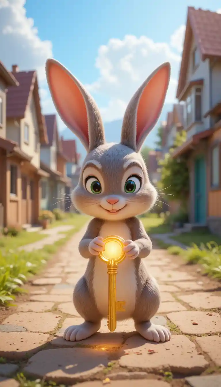 Cute 3D rabbit finding a golden key on village road