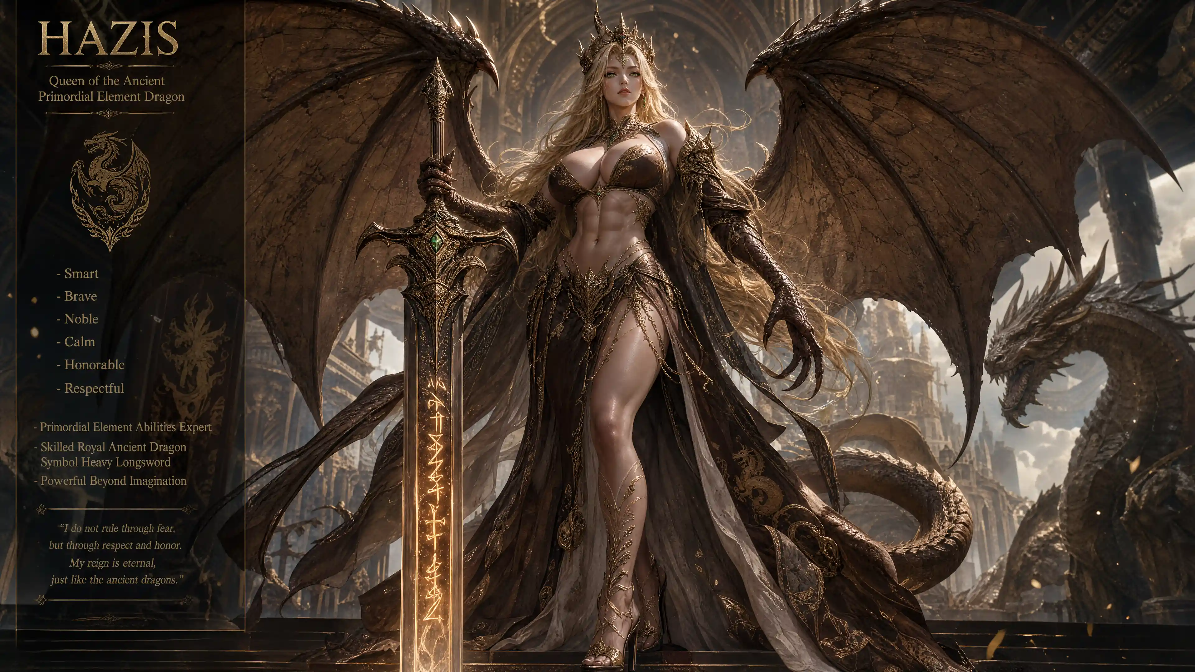Regal dragon queen woman with wings and longsword