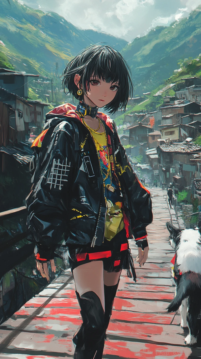 Anime girl in futuristic outfit walking on a wooden bridge