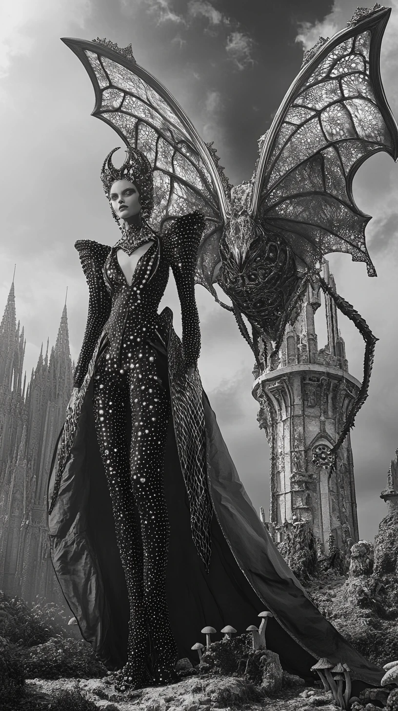 Gothic couture model towering beside surreal hybrid creature