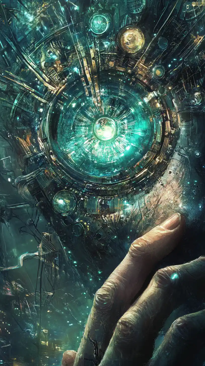 Mysterious man surrounded by hypnotic logical energy patterns