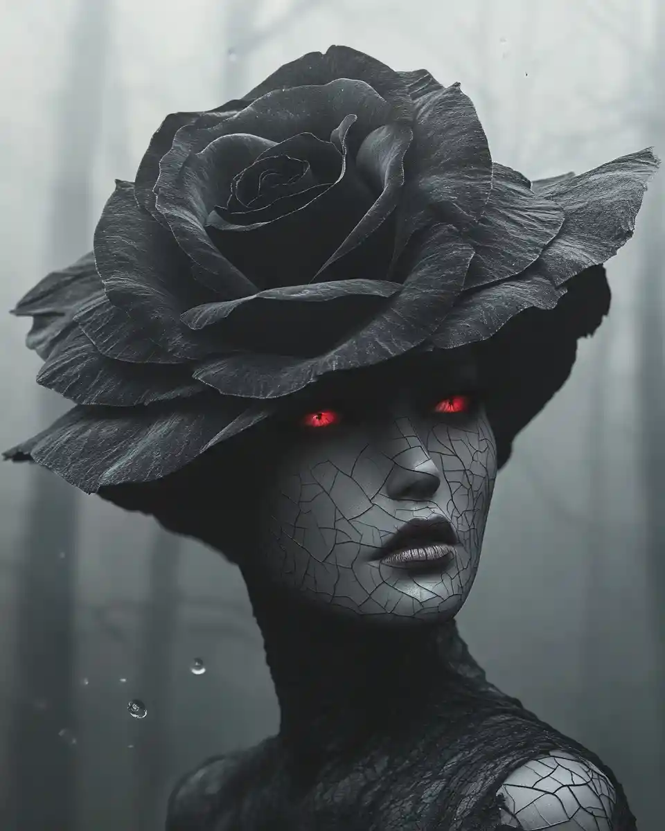 Surreal woman with black rose hat and glowing red eyes