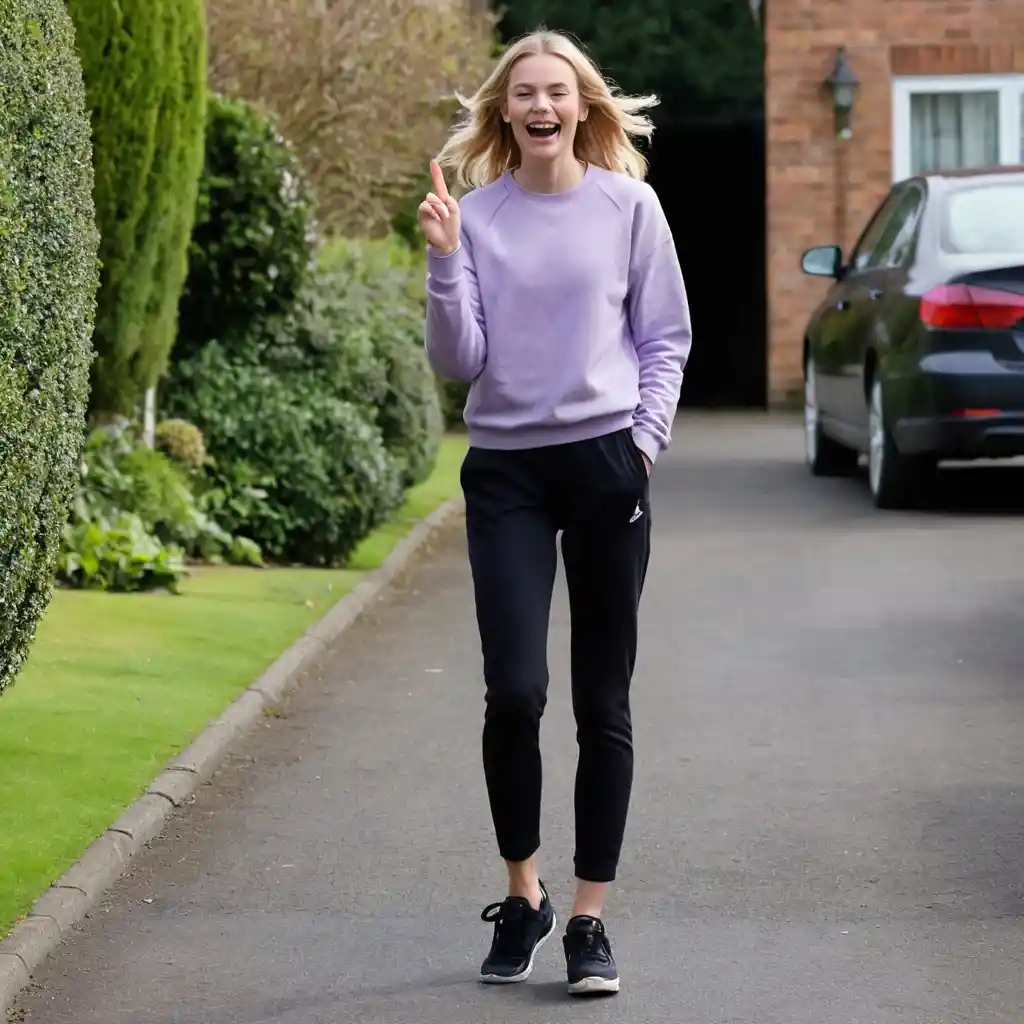 Blonde woman waving with joy in a driveway