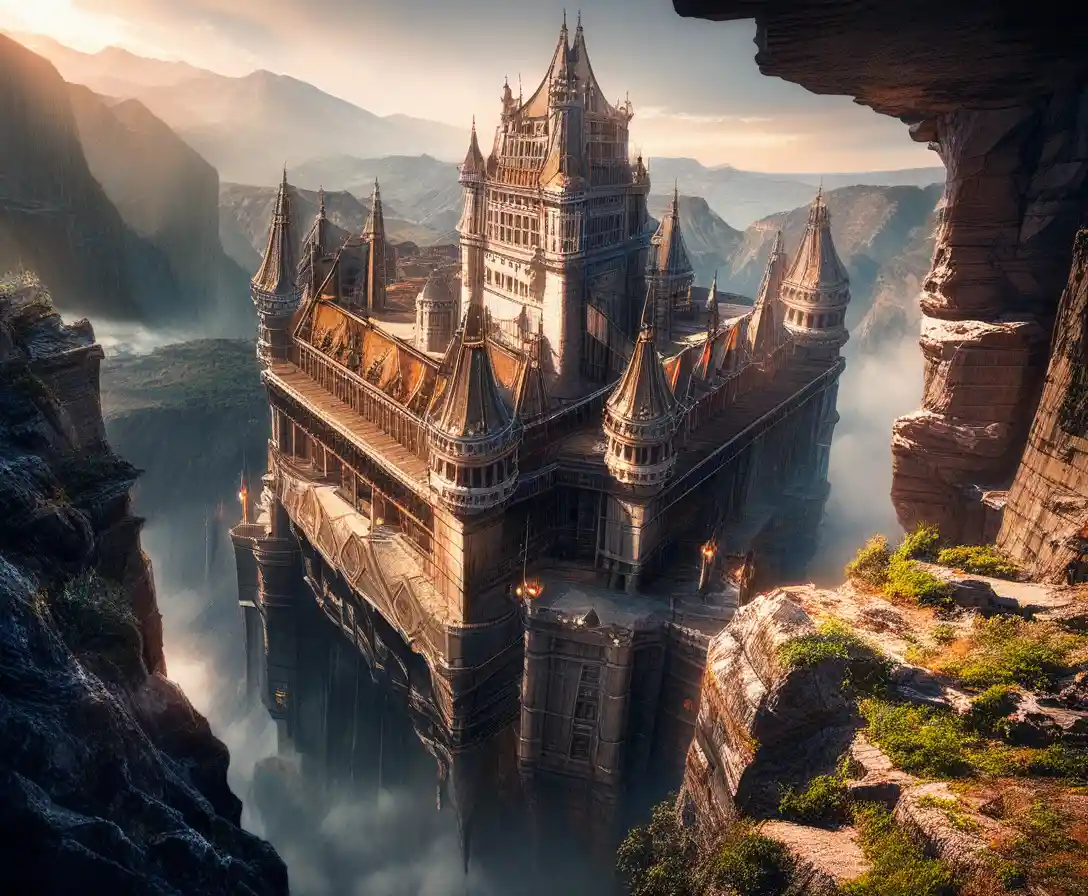 Medieval stone castle on a mountain at sunrise