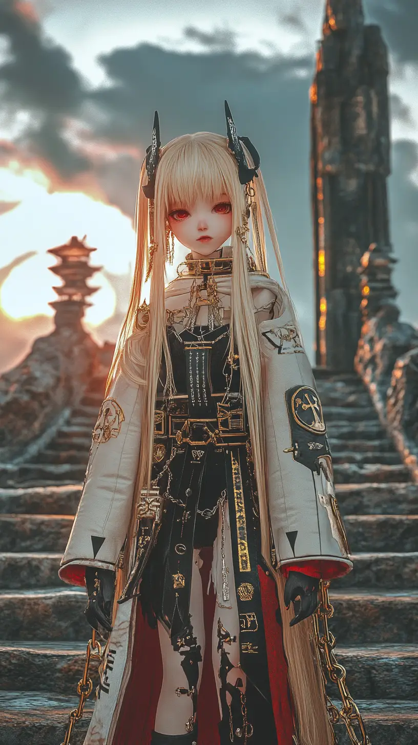 Anime-Mädchen in prunkvollem Outfit auf steinerner Treppe bei Abenddämmerung