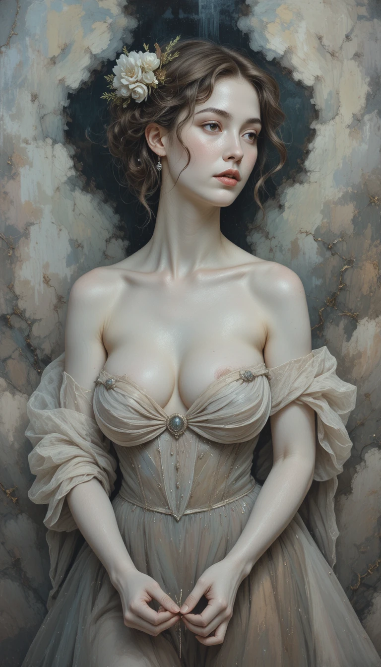 Semi figurative Belle Epoque inspired oil painting close up