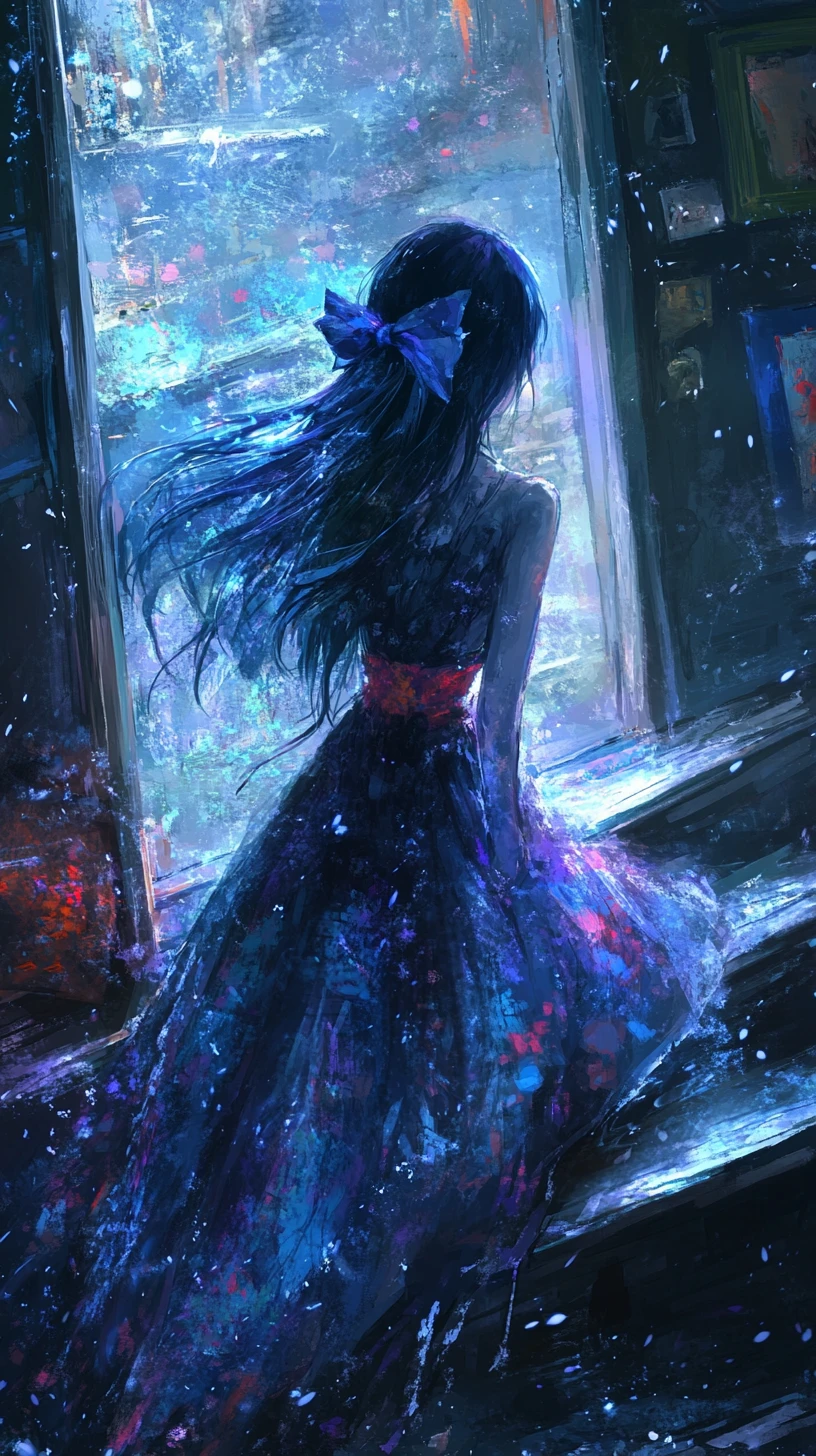 Anime girl in a burnt snowflake dress with ghostly icy eyes