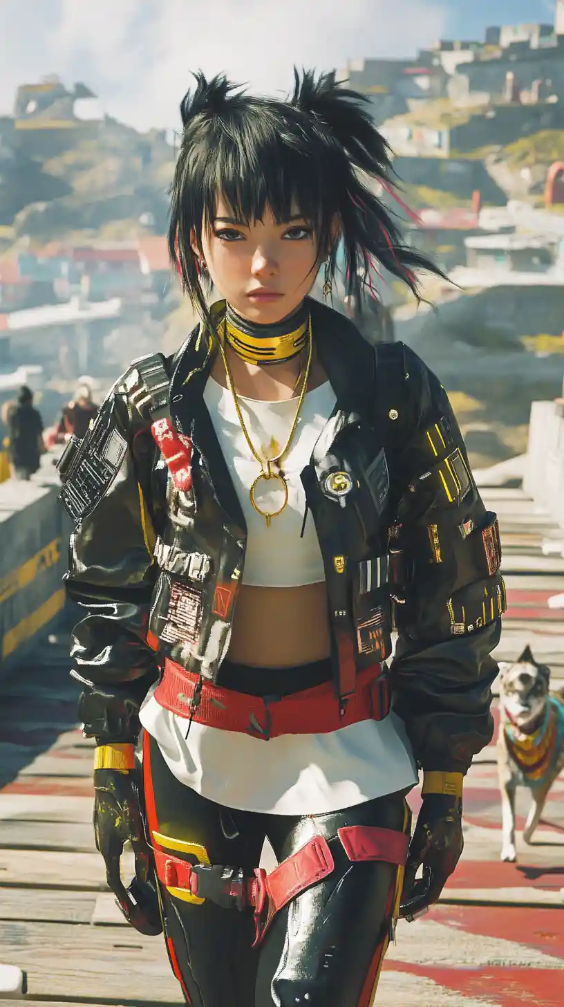 Anime girl in futuristic outfit standing on wooden bridge