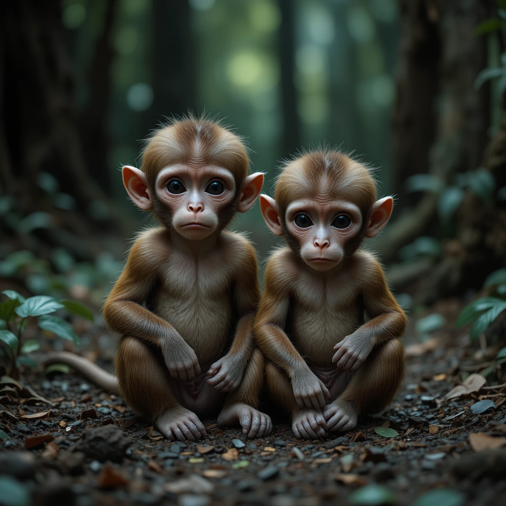Two scared baby monkeys alone in a deep forest