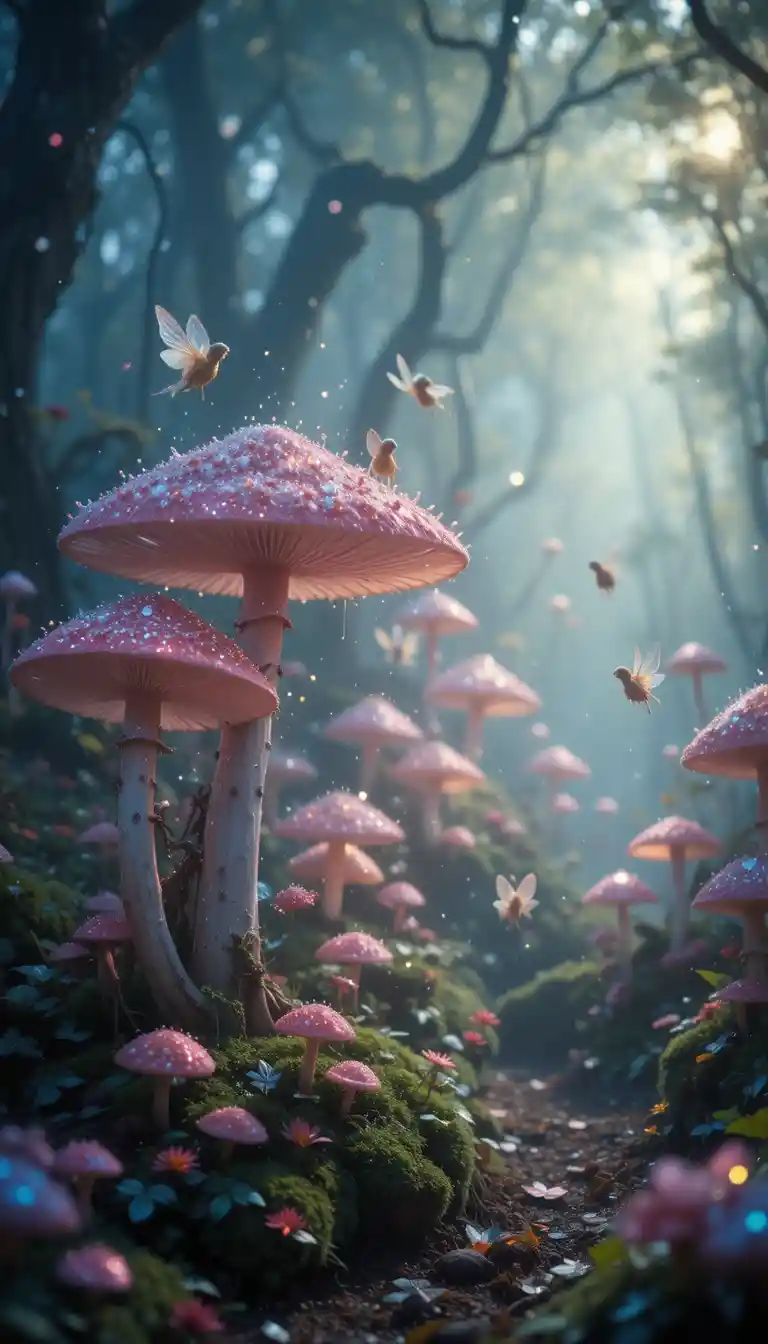 Enchanted Fairies Dancing Through A Glowing Mushroom Forest