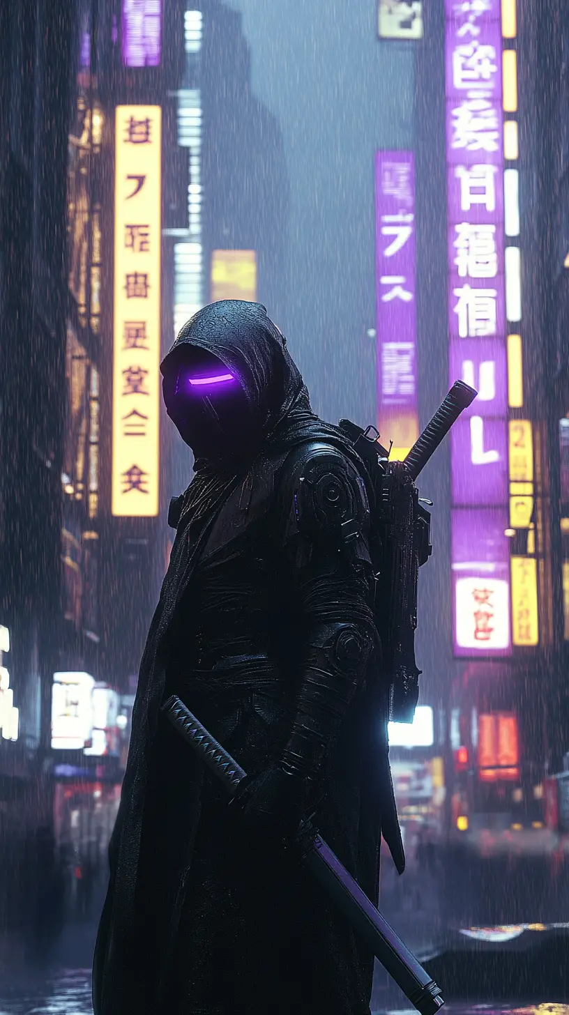 Futuristic ninja in hooded cloak in neon cyberpunk city