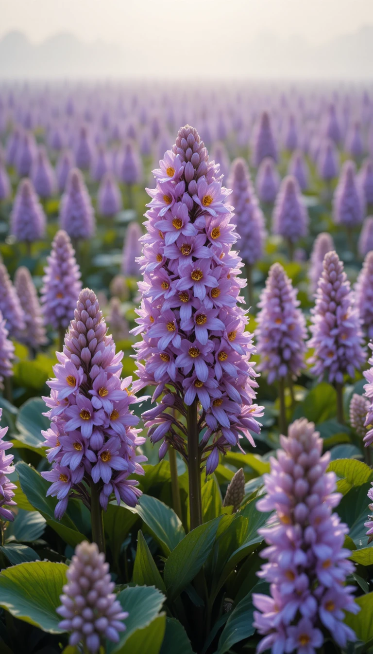 Lavender water hyacinth blossoms in a tranquil wetland
