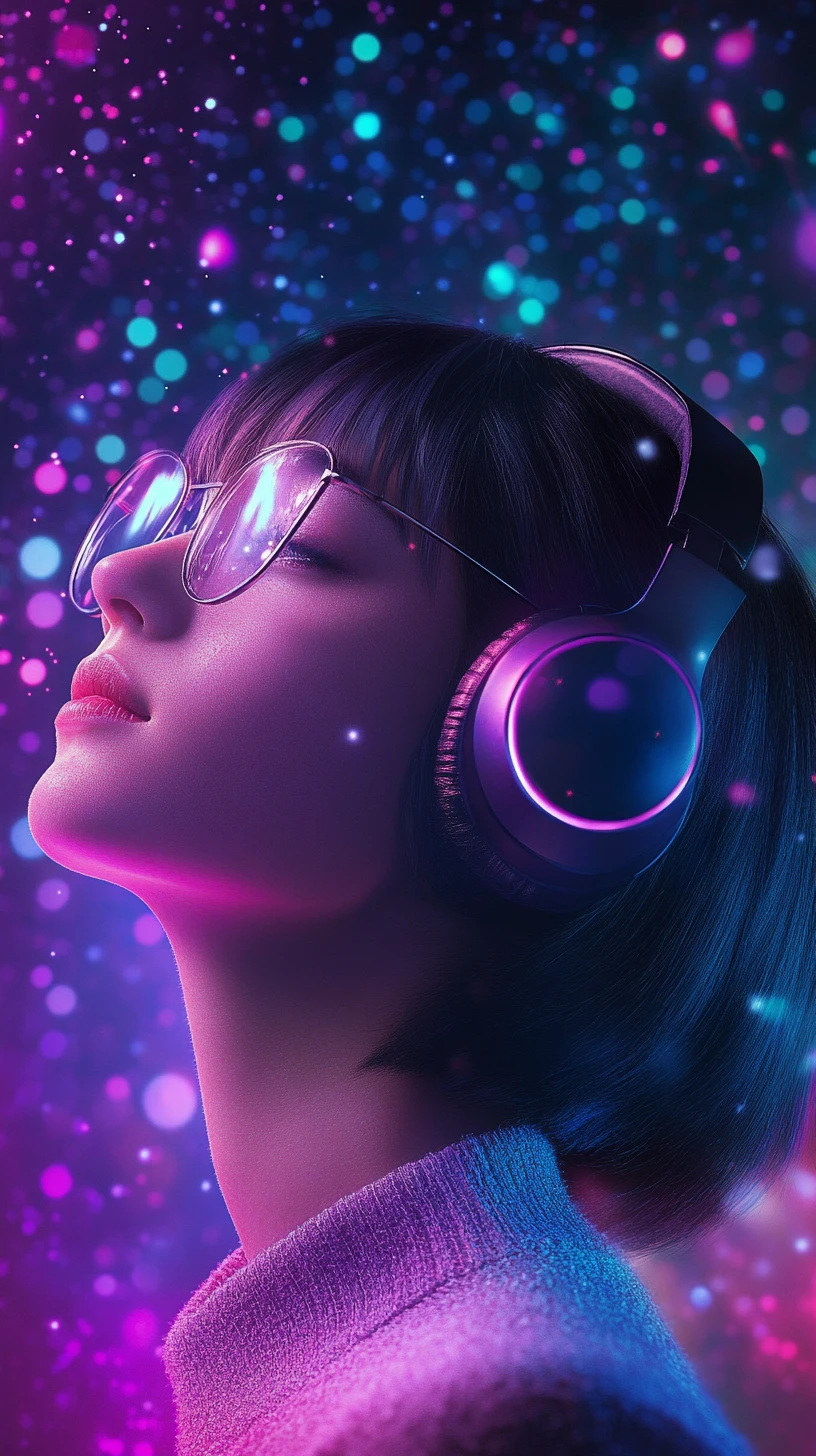 Girl in neon headphones gazing upward in digital light
