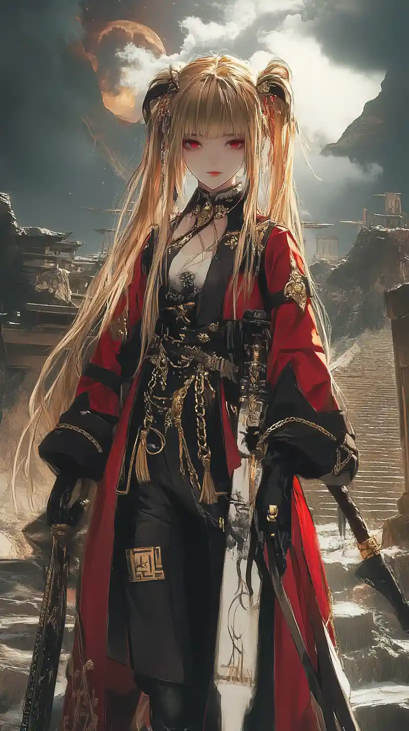 Anime girl with ornate outfit on stone stairs at night