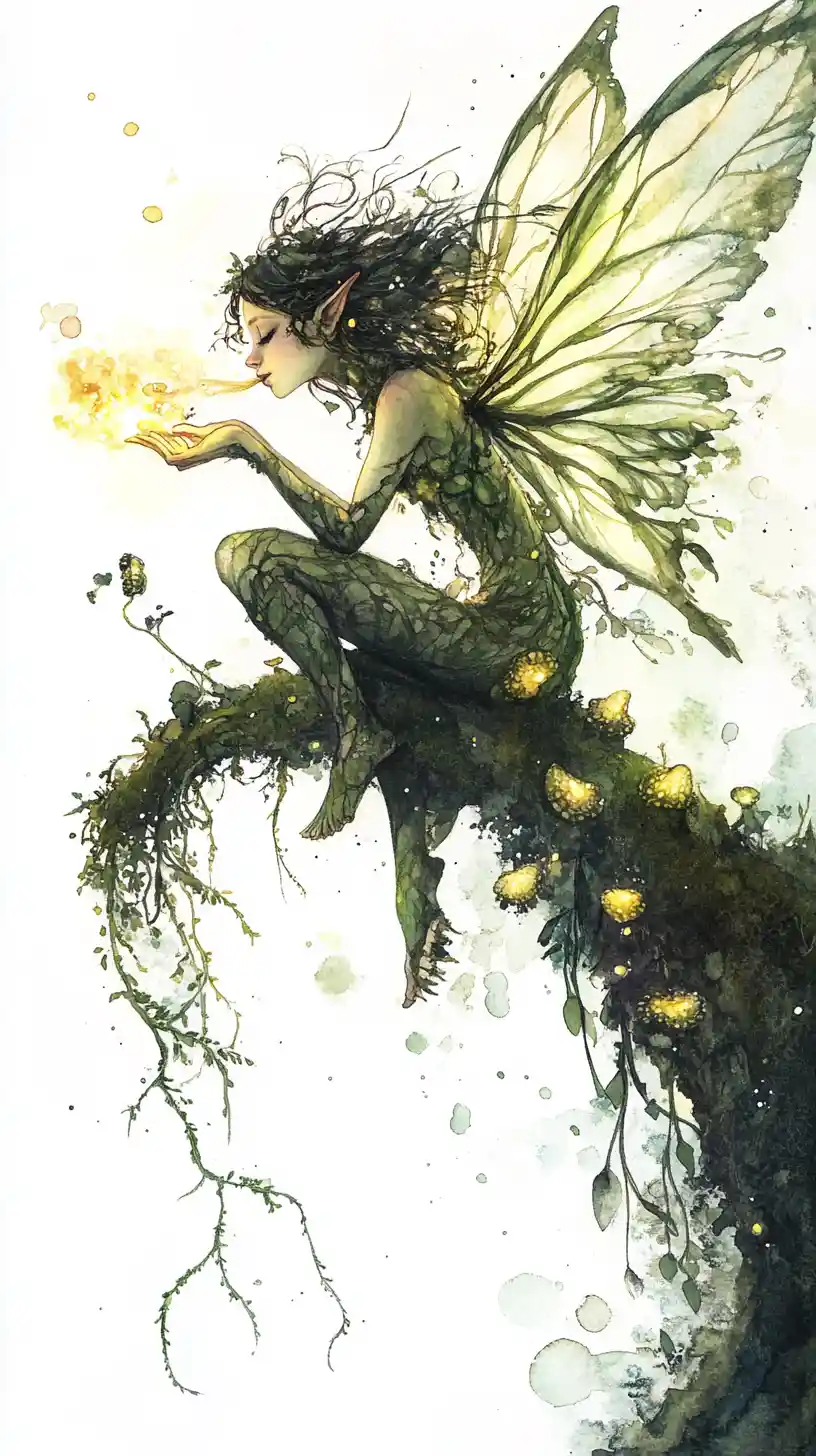 Forest fairy blowing glowing spores from a mossy branch