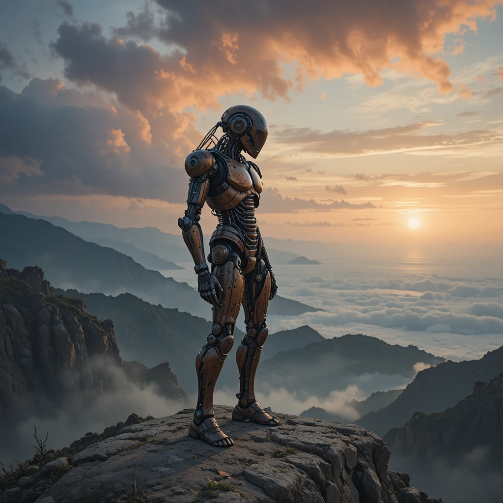 Rusty robot alone on a windy peak above alien ocean