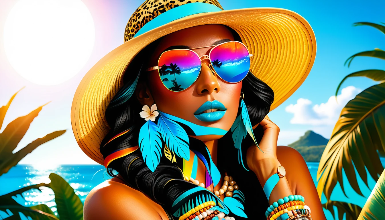 Bohemian fashion woman in tropical paradise with bold accessories
