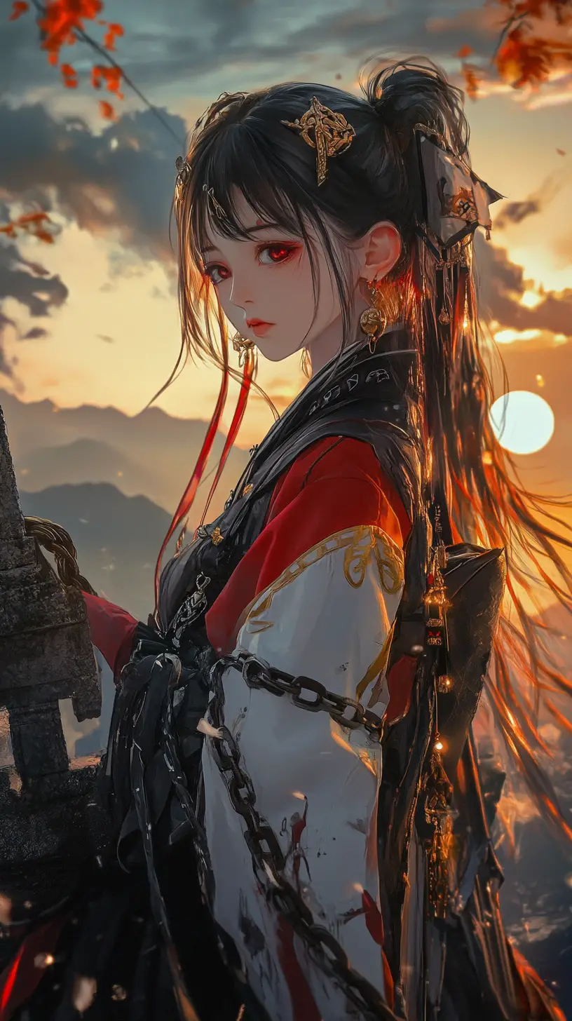 Garota de anime em traje ornamentado nas escadas de pedra ao entardecer