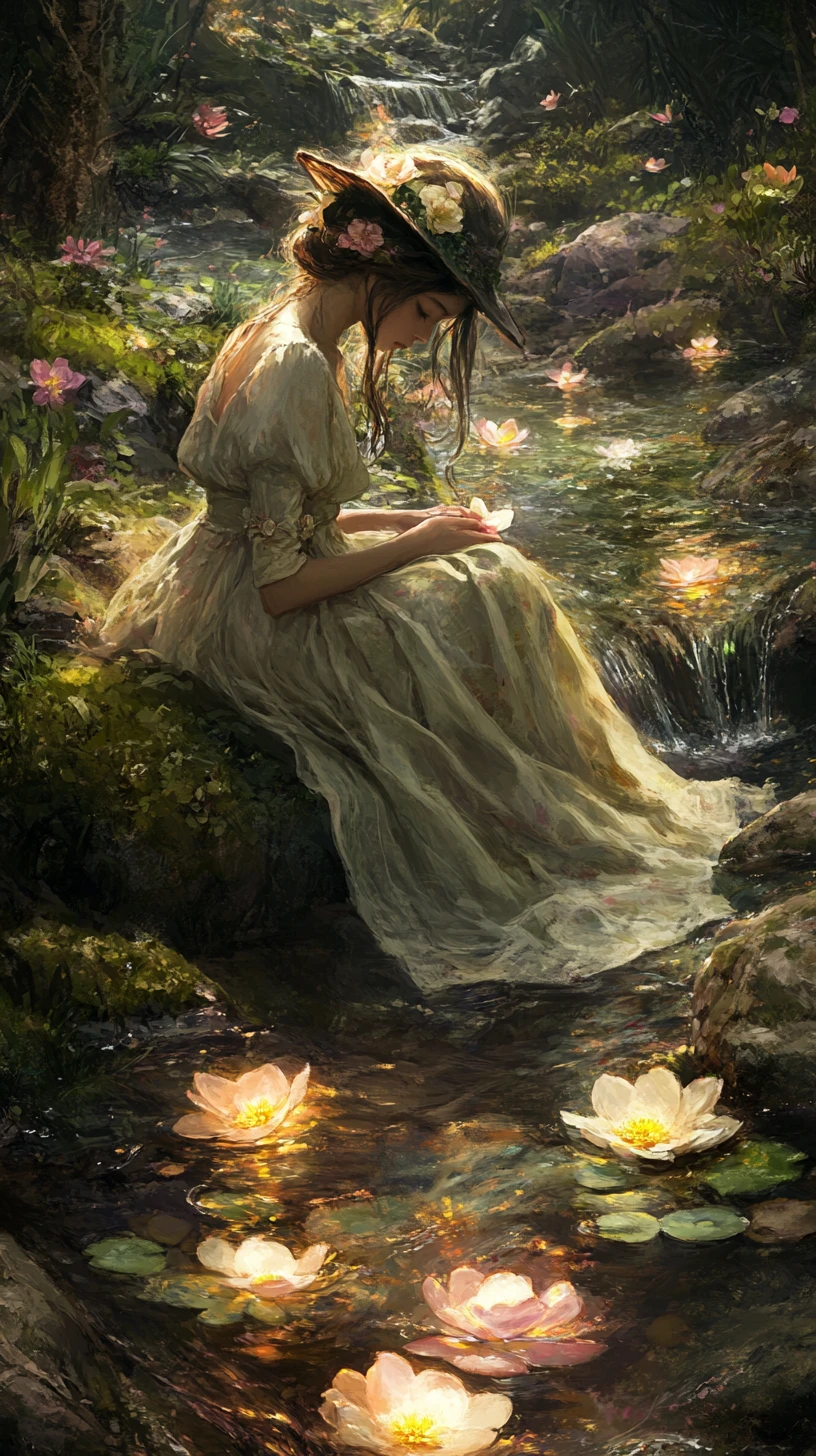 Young fairy by a stream in a garden of giant flowers