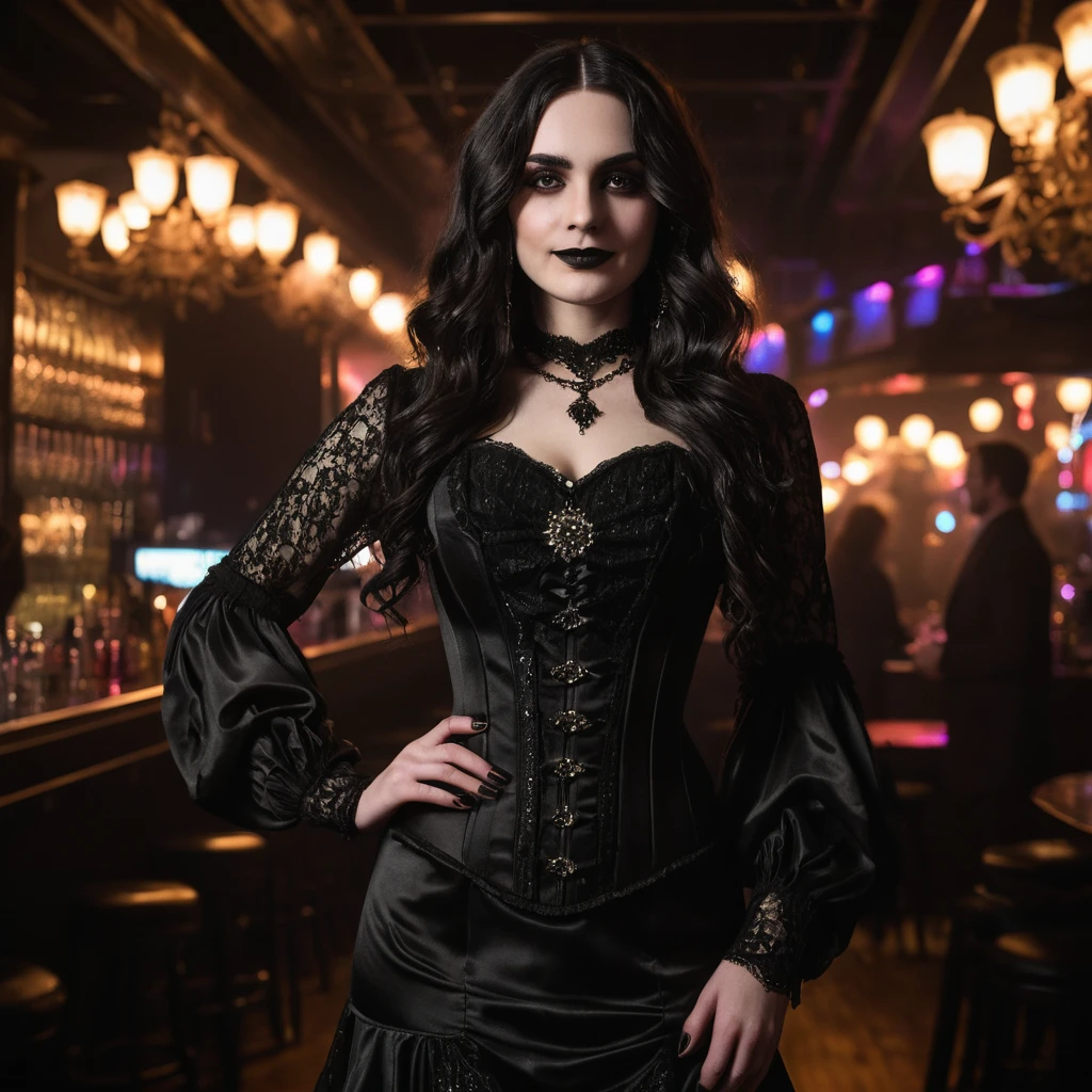Femme gothique confiante en robe victorienne noire en boîte de nuit