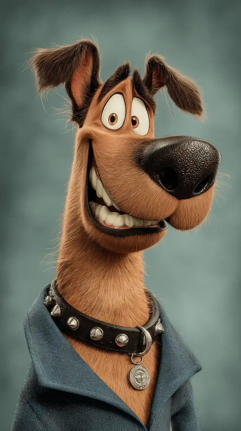 Playful anthropomorphic dog grinning in 3d animation close up