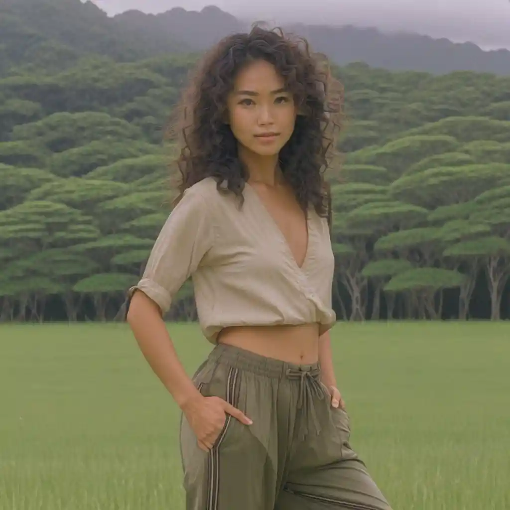 Young Okinawan woman standing in a quiet grassy field