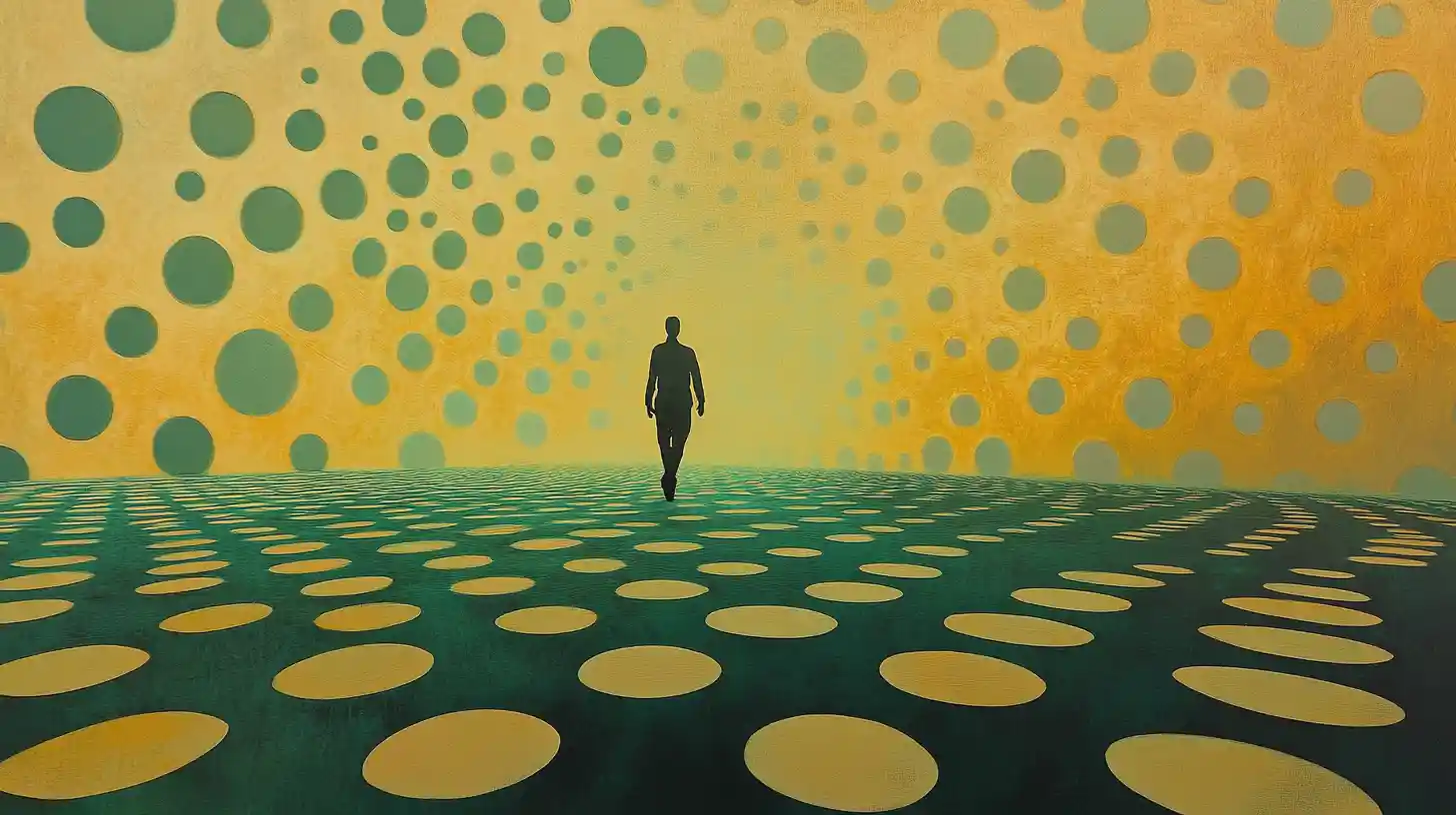 Person walking through dots into a minimalist open space