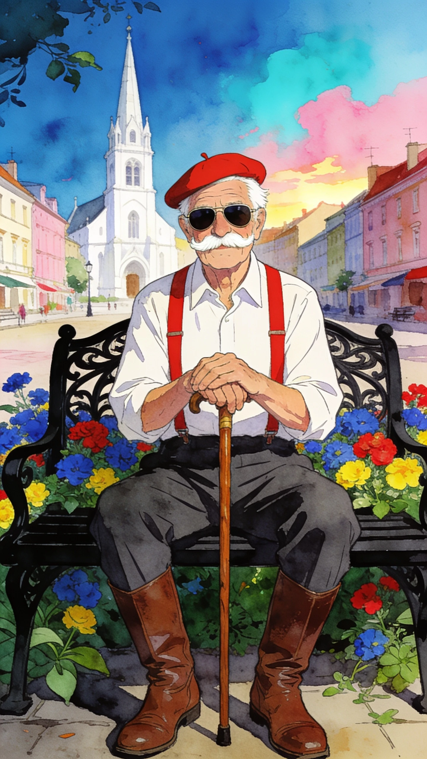 Elderly man resting on a park bench in a flowered square