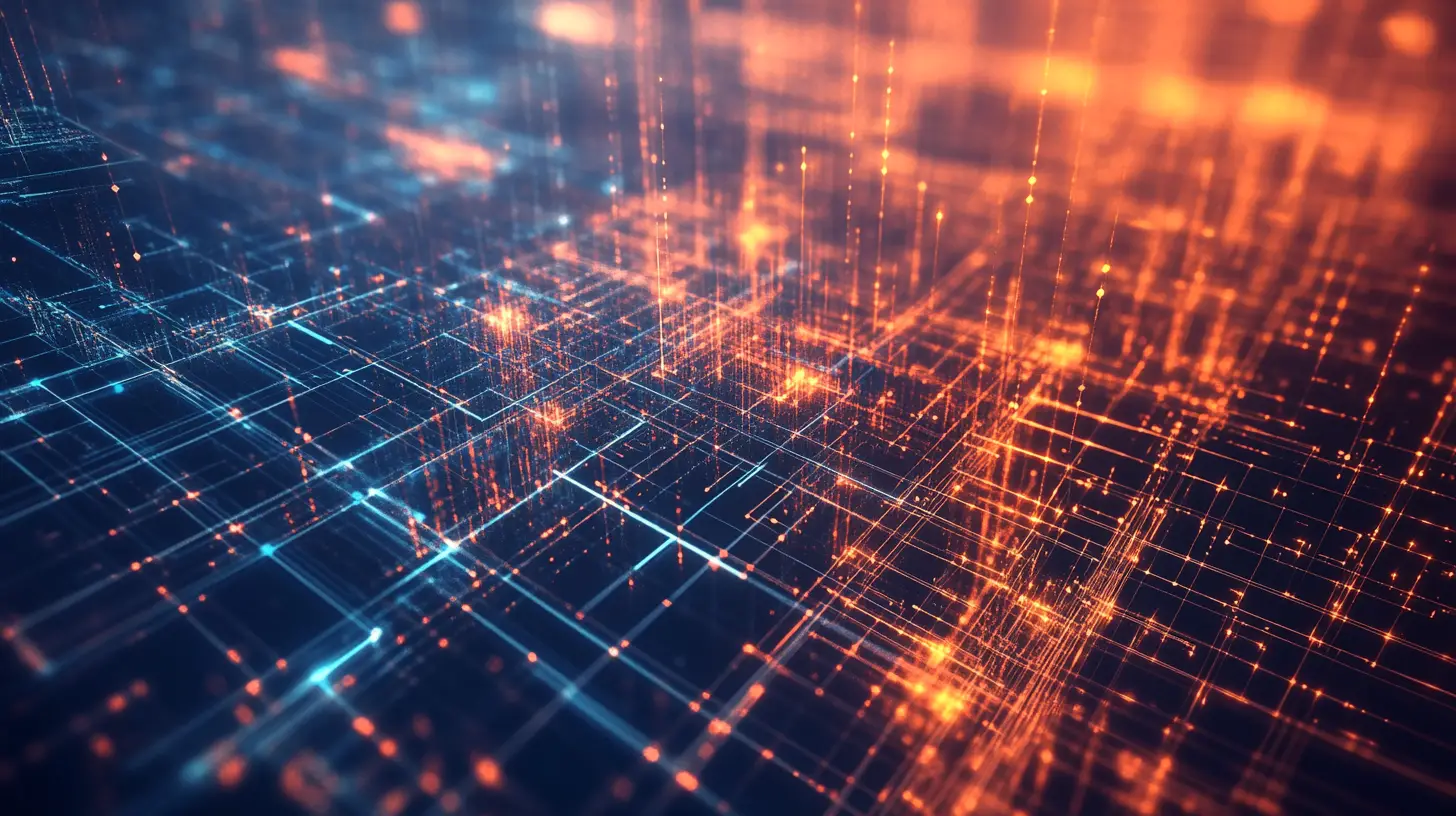 Abstrakte 3D-Rasterarchitektur mit leuchtenden Datenlinien