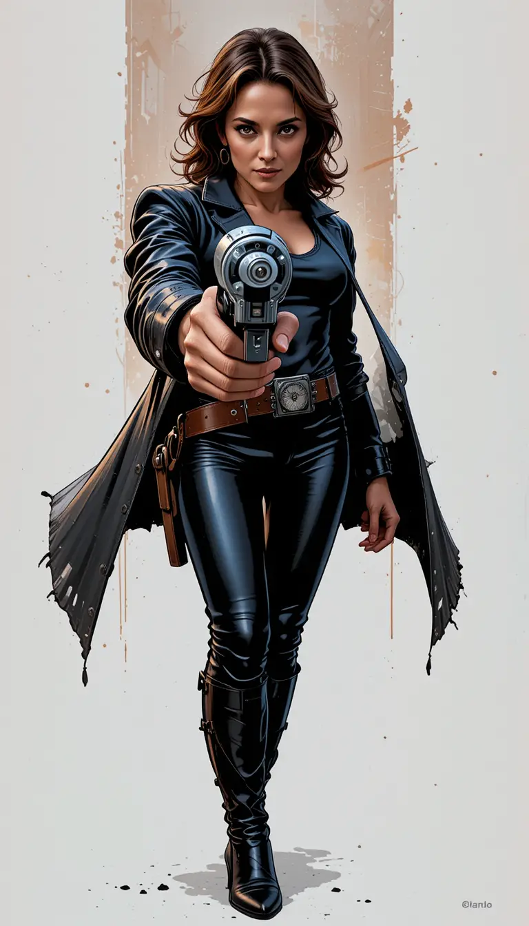 Armed middle aged woman aiming pistol in dark outfit